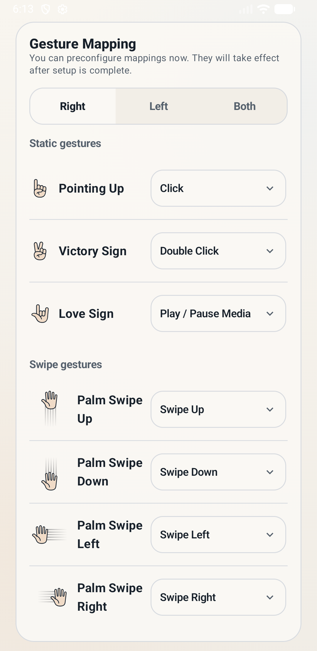 AirSwipe air gesture settings interface